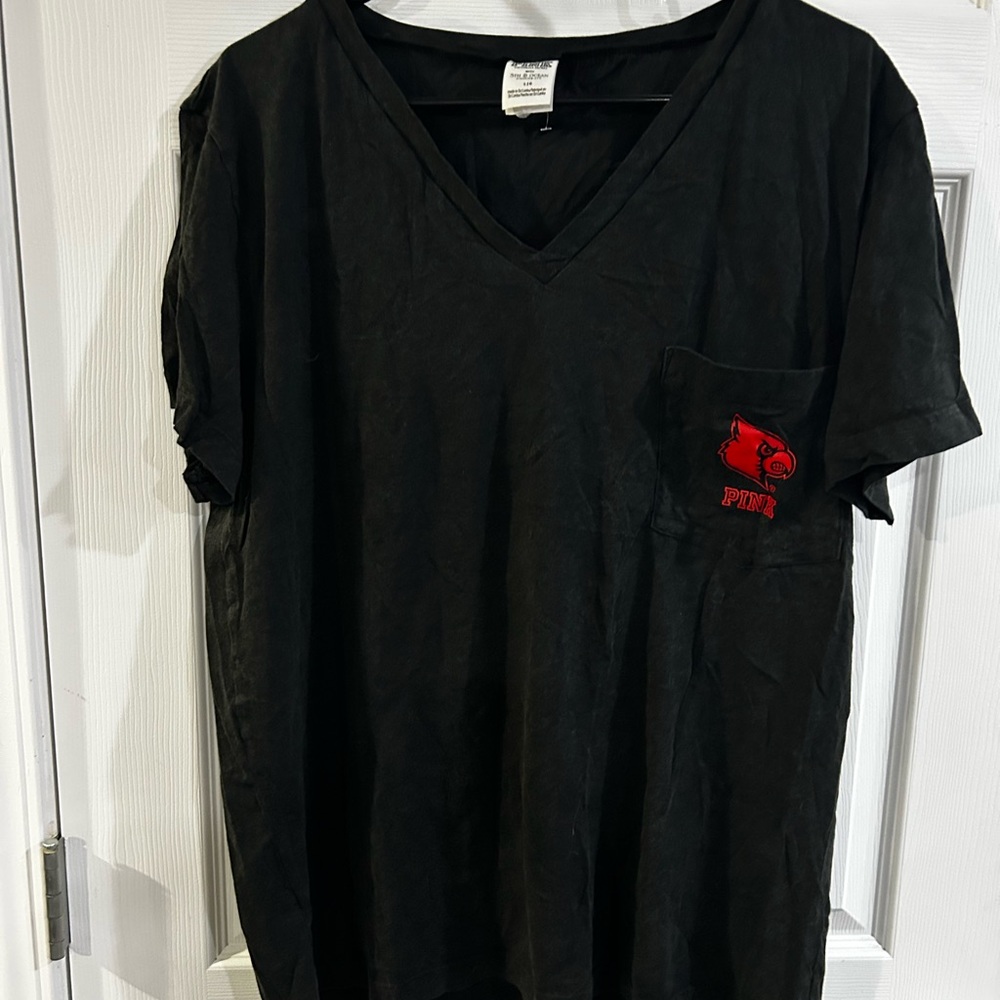 PINK Victoria's Secret Black V-Neck Tee with Red Cardinals Logo